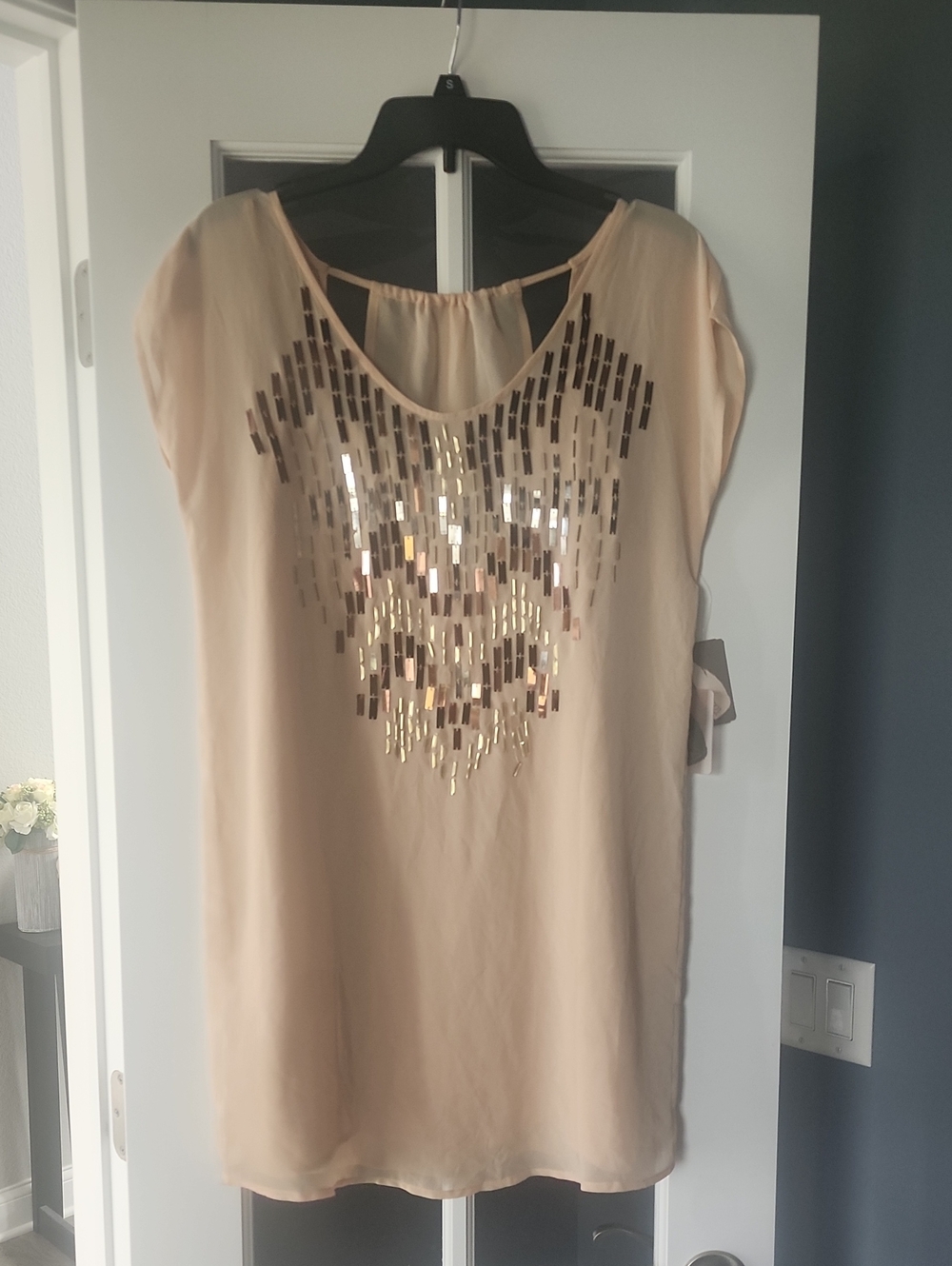 Lovers + Friends Blush Sequin-Embellished Short Sleeve Tunic Slip Dress